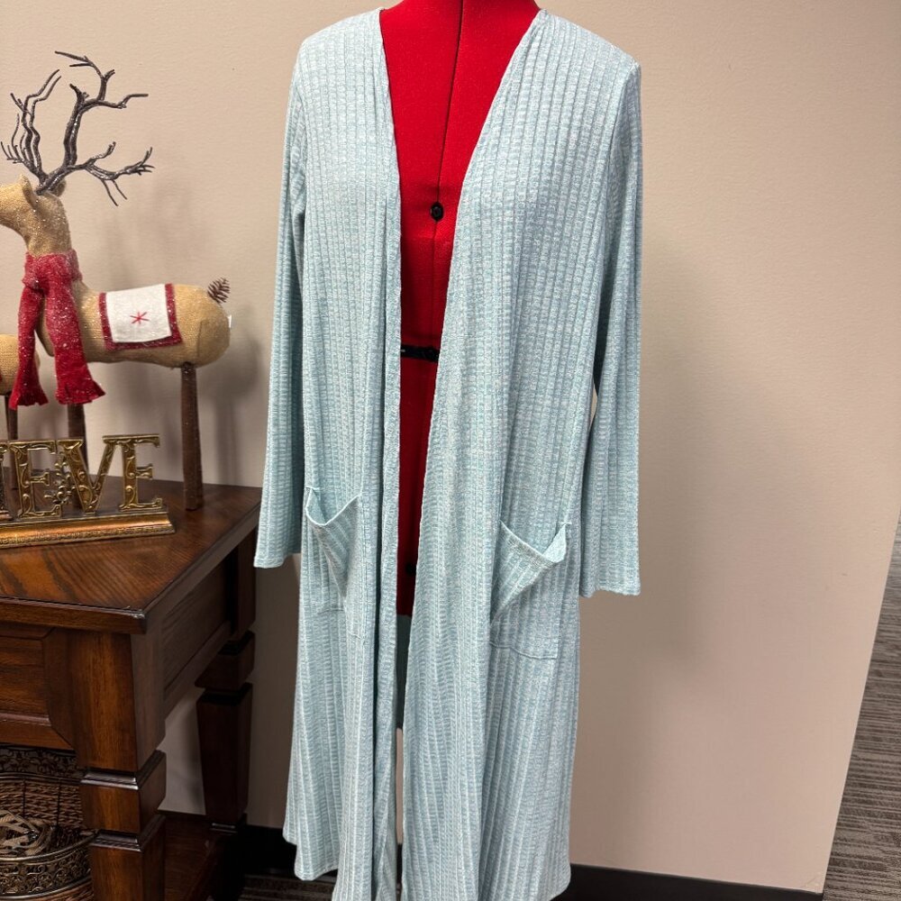 LuLaRoe Sarah long Cardigan Duster Light Blue Ribbed NEW size M